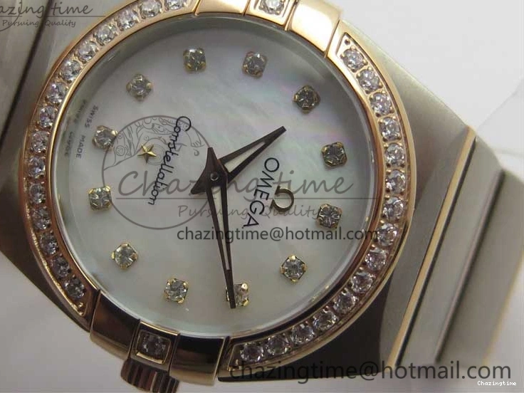 0212 NewStyle Constellation Ladies 27mm ZF 1:1 Best Edition SS RG White MOP Dial Diamonds Bezel & Markers on SS RG Bracelet ETA Quartz 7943